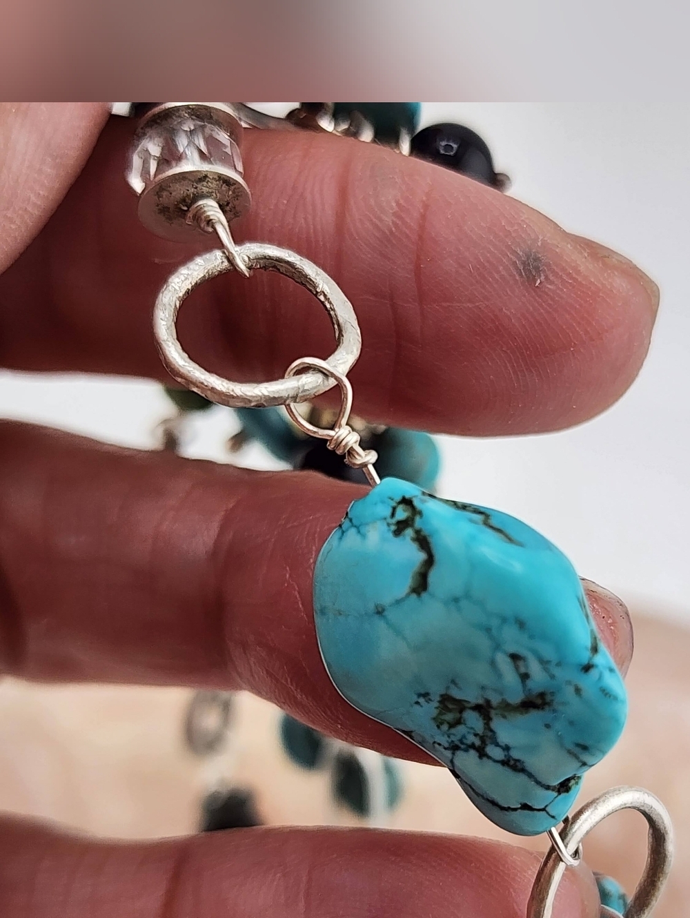 BANGLE HANDMADE BRACELET TURQUOISE, ONYX & PEARLS HANDMADE IN STERLING SILVER - Picture 4 of 14